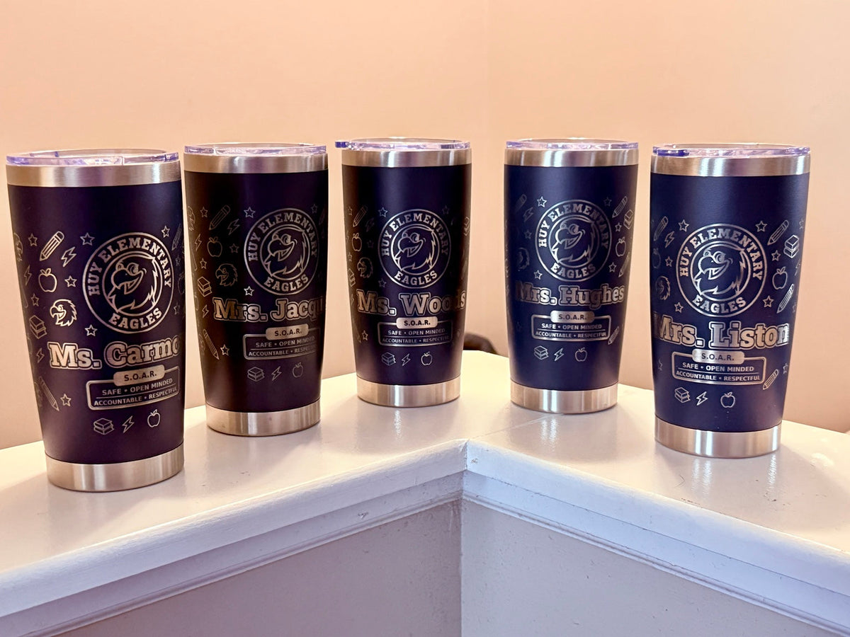 Five personalized Huy Elementary engraved 20 oz tumblers